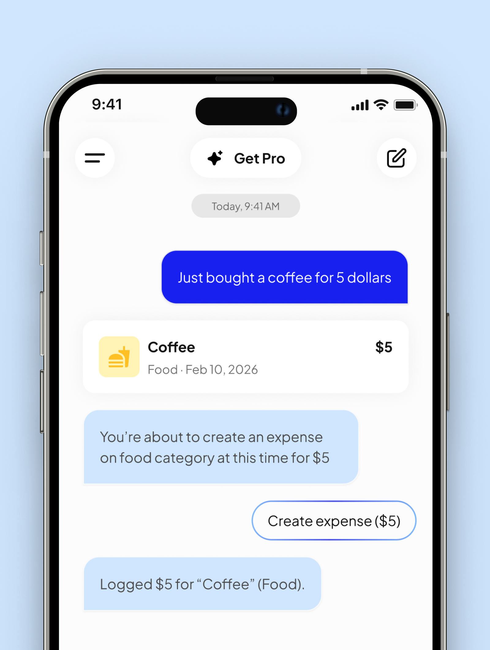 App screenshot: chat conversation logging expenses